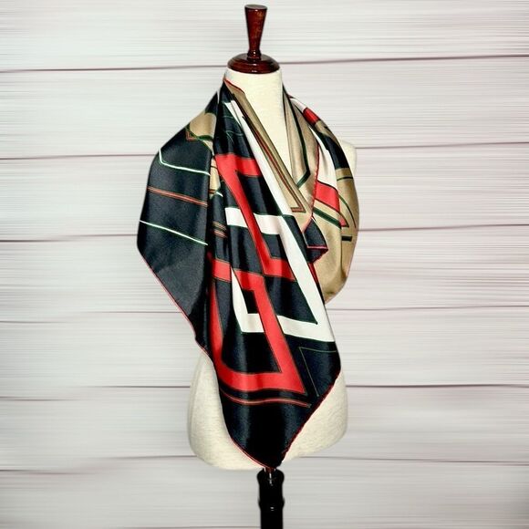 Vintage Ray Strauss Twill Silk Square Scarf Geometric Black Tan Red Japan - Picture 1 of 8